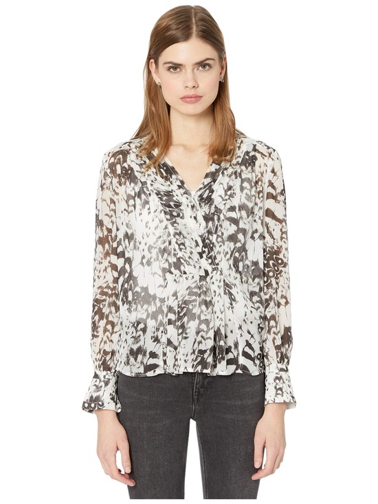 All Saints Tops - All Saints Sheril Wing Top White and Brown Printed V-Neck Long-Sleeve Blouse
